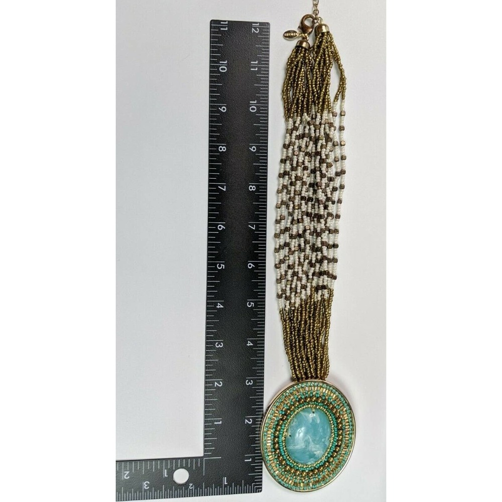 CHICOS MINA Faux Turquoise Statement Necklace Multi Strand Beaded Medallion - Picture 7 of 7